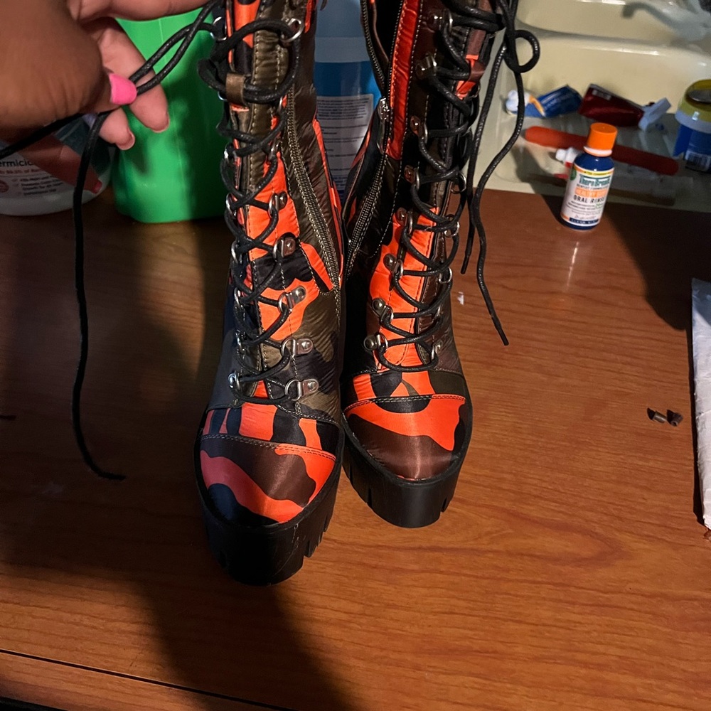 Orange and Black Combat Moto Boots with Robust Lacing
